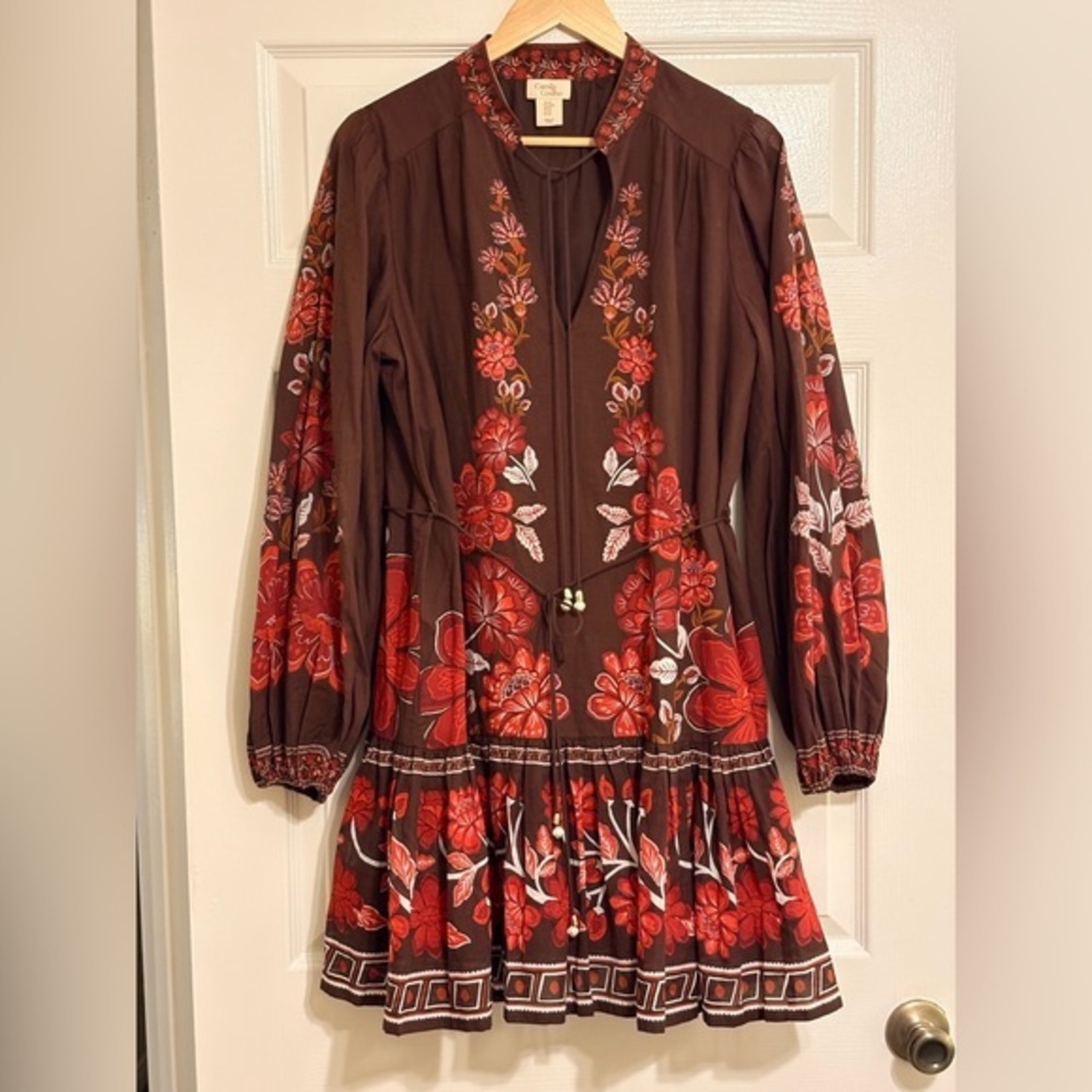 Revolve Camila Coelho Brown Red Floral Balloon Sleeves V-Neck Mini Dress M